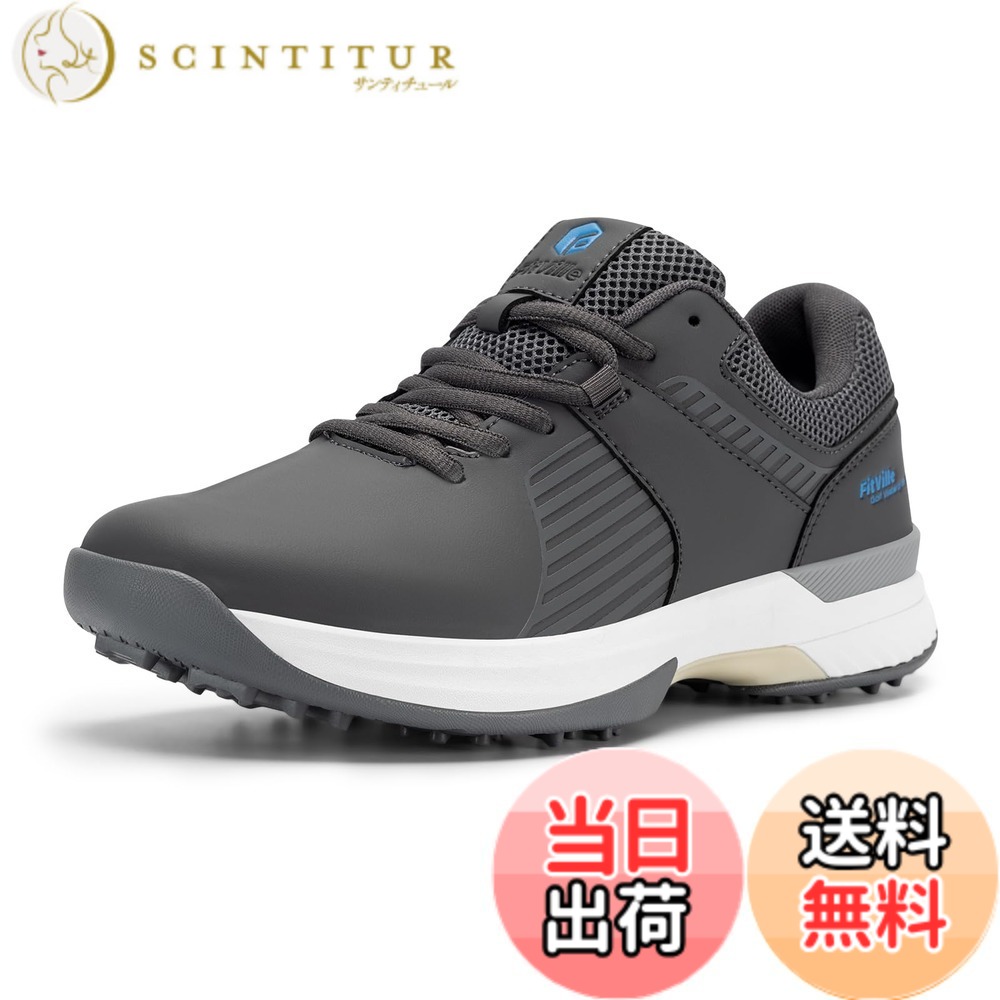 【送料無料】[FitVille] 幅広 ゴルフシューズ メンズ 2E 4E スパイク ゴルフ靴 軽量 撥水 甲高 初心者 練習用 大きいサイズ 色：JP-グレー、サイズ：27.0 cm 4E｜サンティチュール