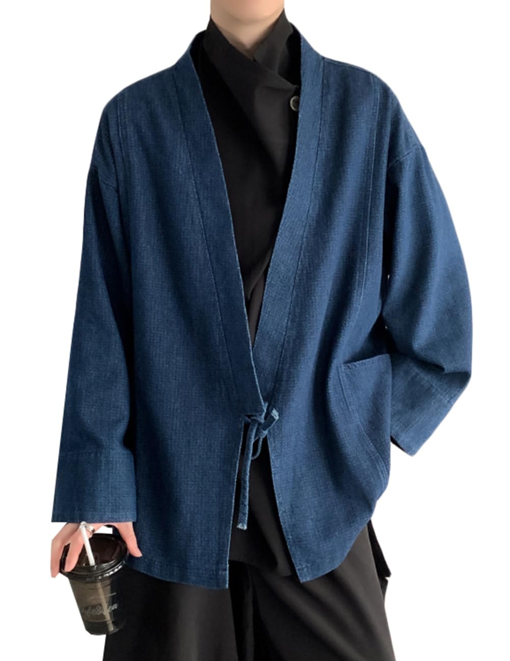 【貨物輸送無料】[ＪＩＹＵＴＯＲ] メンズ 着物 ジレー 長袖 ジーンズ厚地の外套 男女兼用 和式パーカー 和風 前くい違いプルオーバー 無地 羽織りトップス M~4XL 色：青碧、大きさ：M
