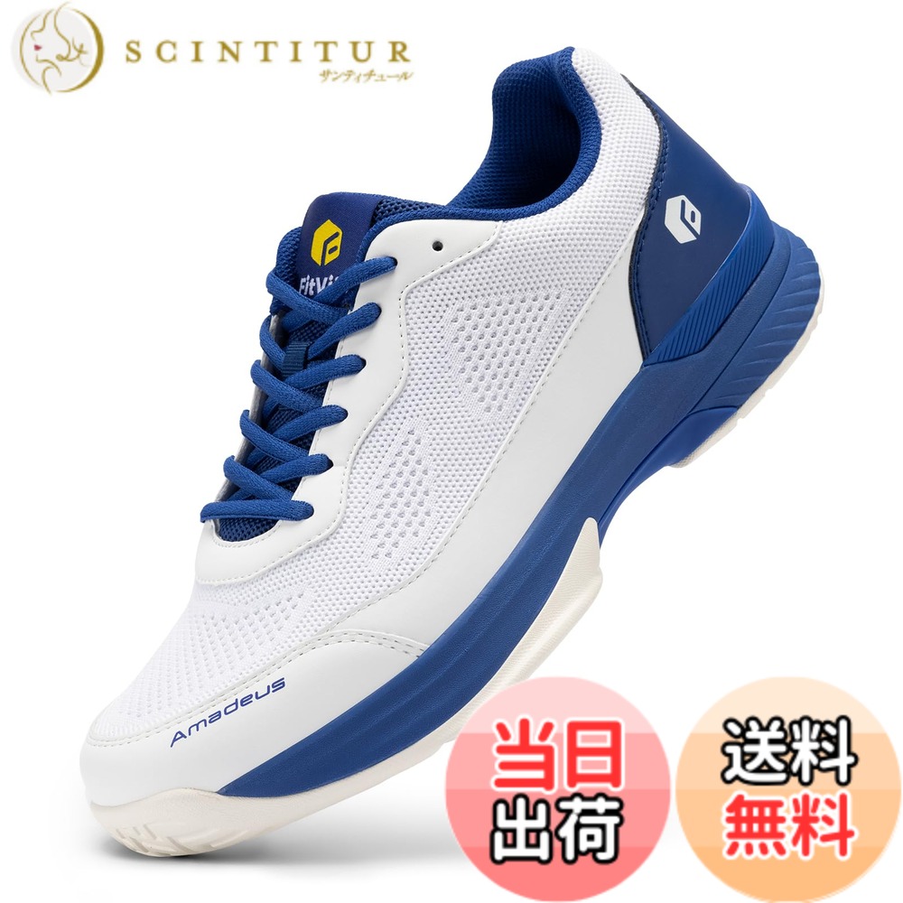 【送料無料】[FitVille] テニスシューズ メンズ 幅広 2E 4E 軽量 オムニクレーコート ソフトテニス シューズ 高いグリップ力 高機能 通気性 甲高 ブラック ホワイト 色：JP-ブルー、サイズ：31.0 cm 4E｜サンティチュール