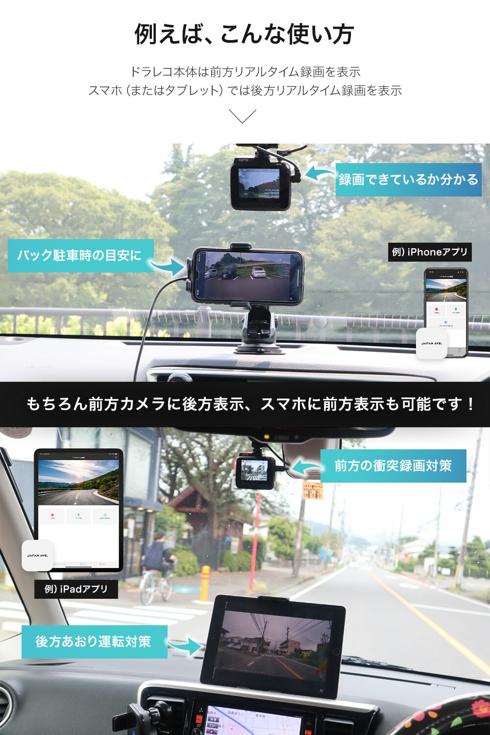 車載カメラ ドライブレコーダー Gps 24v 高画質 Gセンサー 動体検知 ドラレコ ドライブ Wifi 4k搭載 800万画素 駐車監視 アプリ Japan Ave アプリ Wi Fi ドライブ レコーダー 意匠権取得 4k画質 800万画素 ドライブレコーダー 前後カメラ 高画質 ドラレコ 2160p