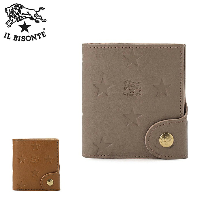 【2026春夏新作】【日本限定 スターエンボスドレザー】IL BISONTE イル ビゾンテ 二つ折り財布 レザーウォレット サイフ ミニ財布 コンパクト ミニマル 小銭 カード 紙幣 グレー/オリーブ【ルック正規取扱店】
