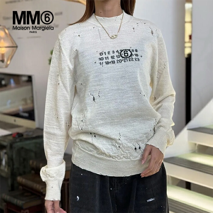 【SALE/40%OFF】エムエム6 メゾンマルジェラ ナンバリング ニット MM6 Maison Margiela ニット セーター クルーネック ダメージ加工 ウール 長袖 メンズ レディース オフホワイト【マルタンマルジェラジャパン正規取扱店】【5F】｜S.CURVE STUDIO