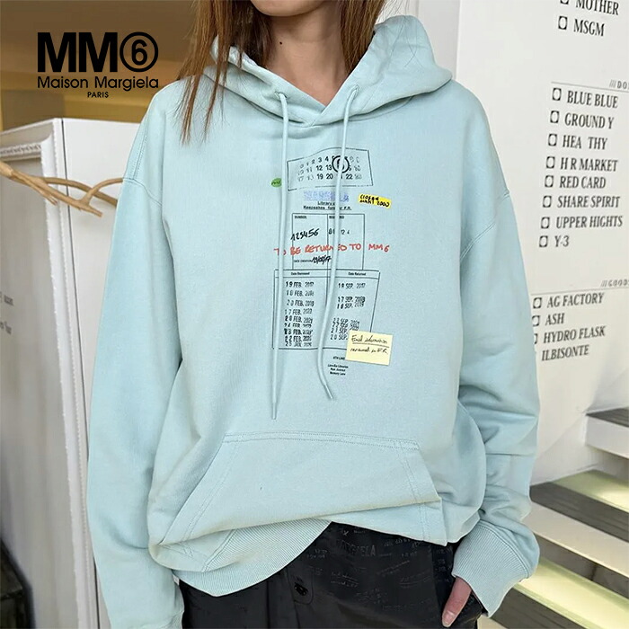 【SALE/30%OFF】【新作 2026春夏】エムエム6 メゾンマルジェラ スタンププリント フーディー MM6 Maison Margiela パーカー プルオーバー 長袖 ロングスリーブ コットン プリント レディース ライトターコイズ【マルタンマルジェラジャパン正規取扱店】|S.CURVE STUDIO