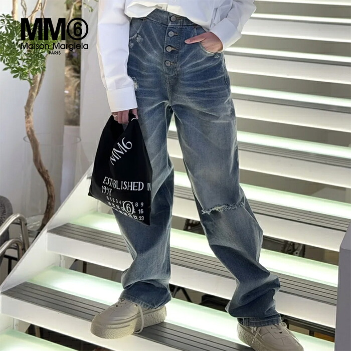 【SALE/40%OFF】エムエム6 メゾンマルジェラ デニムパンツ MM6 Maison Margiela ウォッシュドデニム ハイウエスト ダメージ加工 レディース MEDIUM BLUE ミディアムブルー【マルタンマルジェラジャパン正規取扱店】【5S】|S.CURVE STUDIO