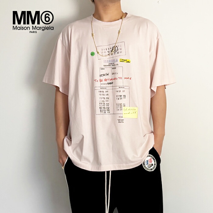 【新作 2026春夏】エムエム6 メゾンマルジェラ ライブラリースタンプ Tシャツ MM6 Maison Margiela クルーネック 半袖 ショートスリーブ プリント コットン メンズ レディース ピンク【マルタンマルジェラジャパン正規取扱店】