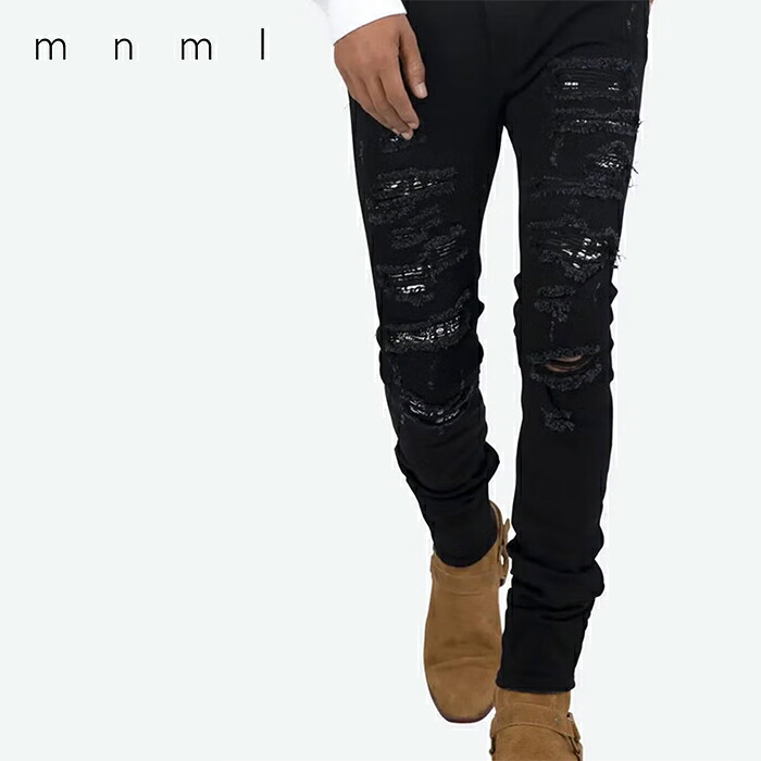 mnml ミニマル デニムパンツ mnml X165 Denim PT スキニーデニム スキニーフィット ダメージ加工 クラッシュデニム ジーンズ メンズ ブラック|S.CURVE STUDIO