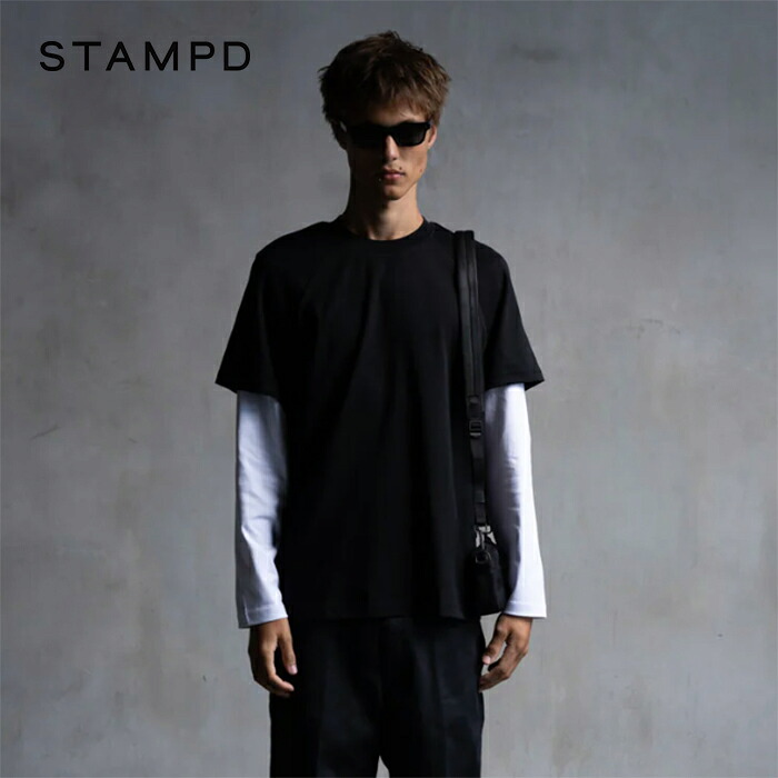 スタンプド ダブルレイヤーLSリラックスTシャツ STAMPD ロングスリーブTシャツ クルーネック ダブルレイヤー 長袖 コットン メンズ ブラック×ホワイト【5F】