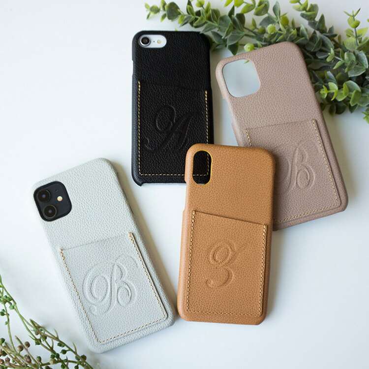姫路レザー 本革 スマホケース 多機種対応 【 ナチュラルカラー ポケット付 イニシャル 】 シュリンクレザー カード入れ 革 レザー おしゃれ かわいい キュート ケース カバー iphone SE 第二世代 iPhone13 iPhone13 Pro AQUOS Galaxy Xperia OPPO MMLM