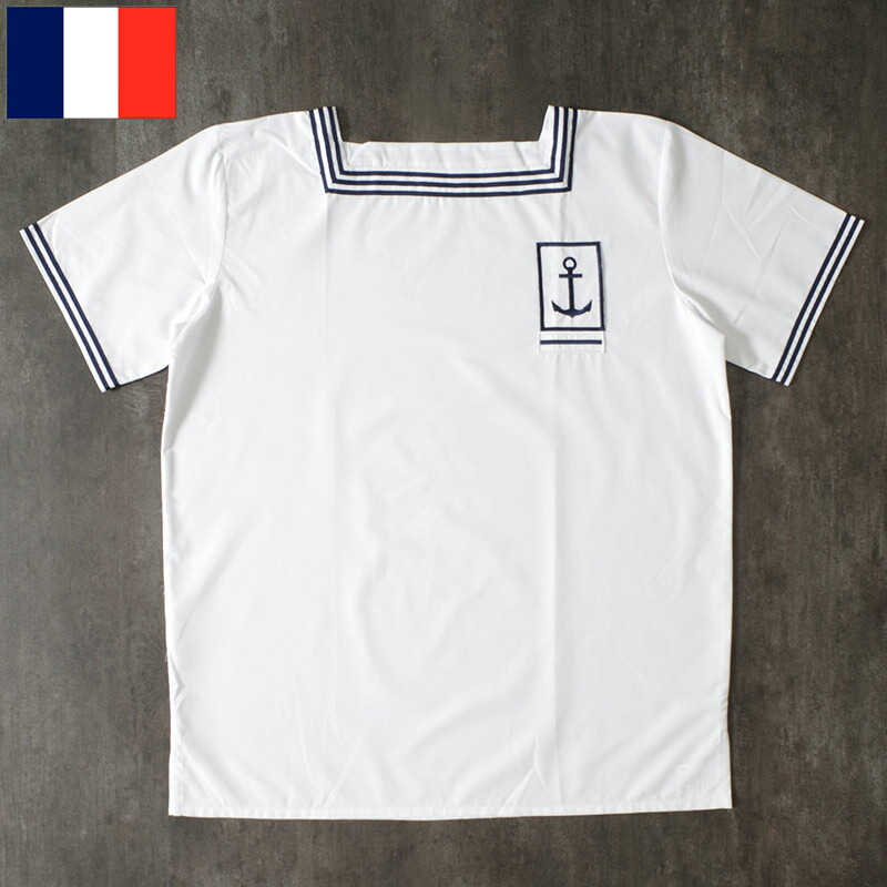 メール便可 フランス軍 半袖 セーラーシャツ ホワイト デッドストック JT081NN 仏軍 海軍 NAVY マリーン マリン 水兵 プルオーバー ショートスリーブ スクエアネック 男性 メンズ 夏 サマー カジュアル イカリマーク ワッペン 実物ミリタリー 軍モノ 軍物 未使用品