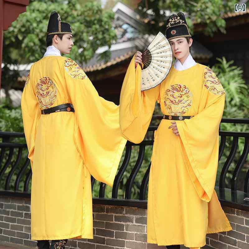 漢服 成人男性用 明代 龍袍 円領袍 天津御姉服 黄味がかった 四方龍 凝った刺しゅう 中国風 名著御召しもの 心地好い 麻混紡 ポリエステル