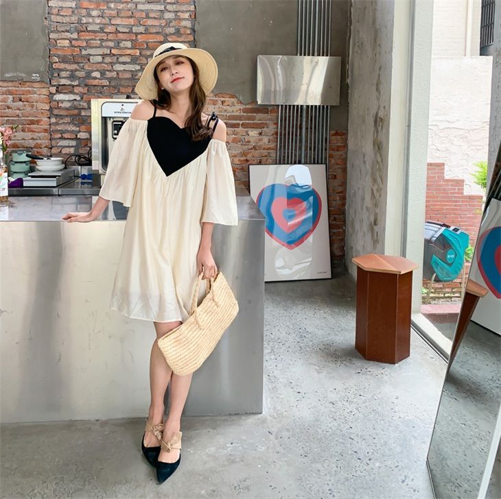 ワンピース 膝丈 ハート オープンショルダー 親子コーデ 親子ペアルック 女の子 肩開き モノトーン