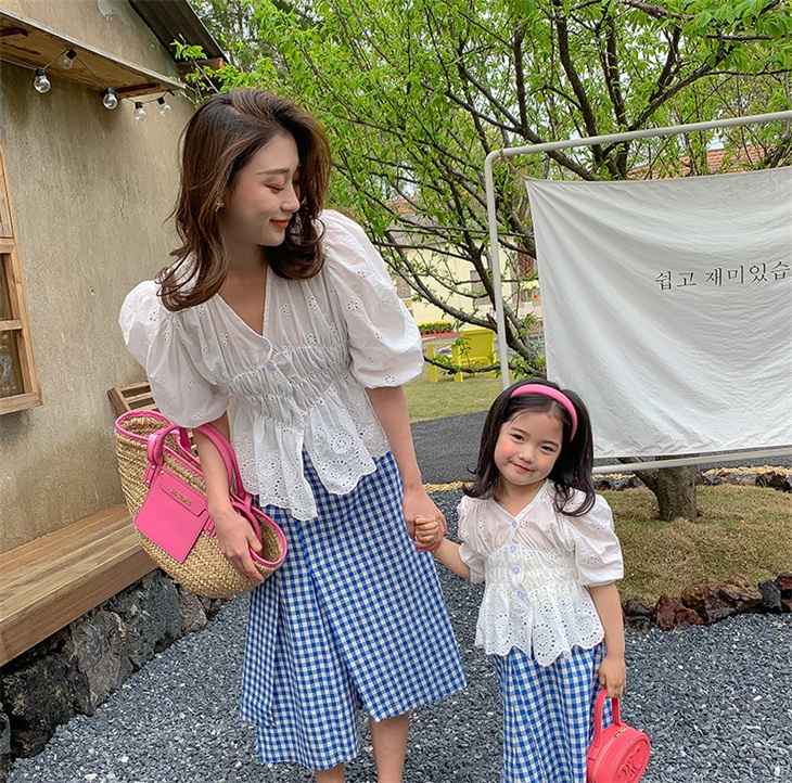 親子コーデ セットアップ ブラウス 5分丈 レディース Vネック トップス 上下セット シャツ スカート