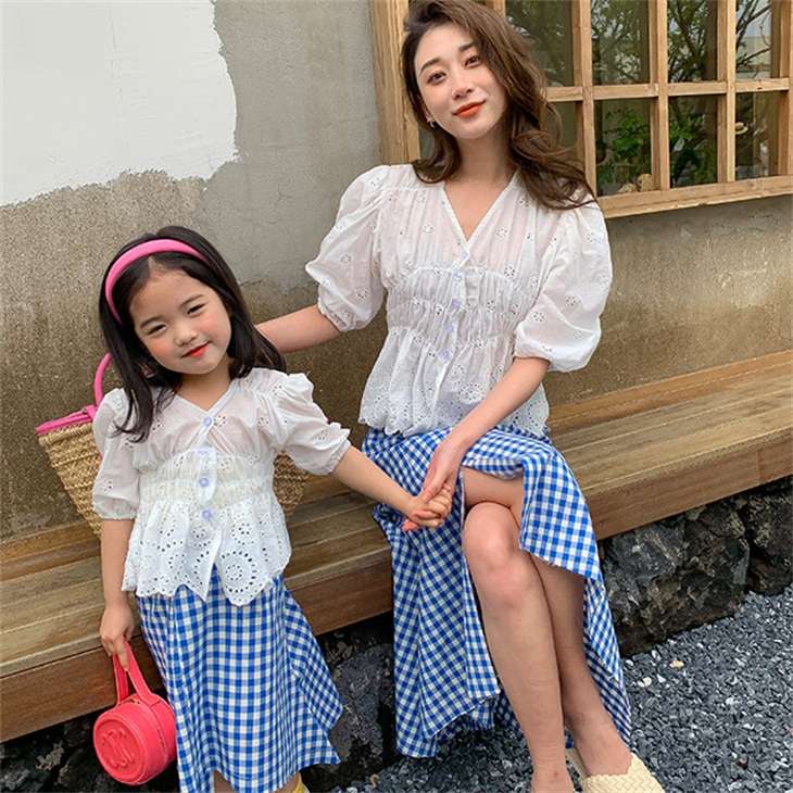 親子コーデ セットアップ ブラウス 5分丈 レディース Vネック トップス 上下セット シャツ スカート