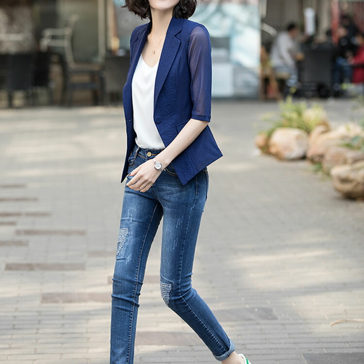 楽天市場 全3色 6サイズ 7分袖テーラードジャケット レディース アウター ジャケット テーラードジャケット サマージャケット 七分袖 袖透け 薄手 夏服 ショート丈送料無料 Amoremio 楽天市場店