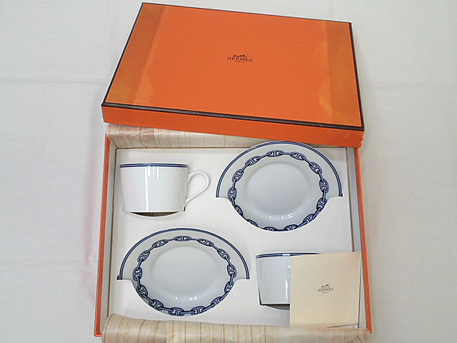 ★【送料無料】ＨＥＲＭＥＳ　エルメス　ティー　カップ＆ソーサ　ペア/2客セット　「シェーヌダンクル」　【未使用】【中古】レディース、メンズ