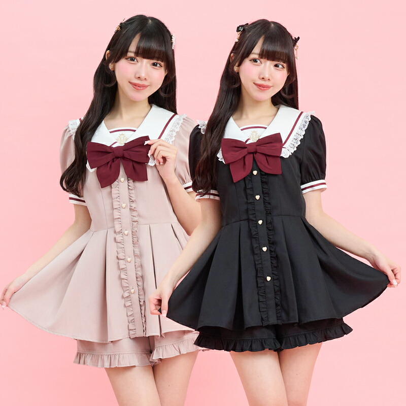 ★後ろレースアップセーラーセットアップ4/29 12:00 販売スタートsecrethoney シークレットハニー シーハニ 量産型 地雷系 参戦服 レディース 可愛い 半袖 無地 ピンク ブラック 黒|Secret Honey