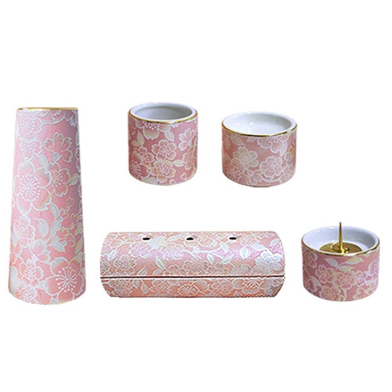 陶器製 モダン仏具5点セット『ゆい花』 (横置き筒型香炉) 桜 (j1272-5)|セキュアデポ