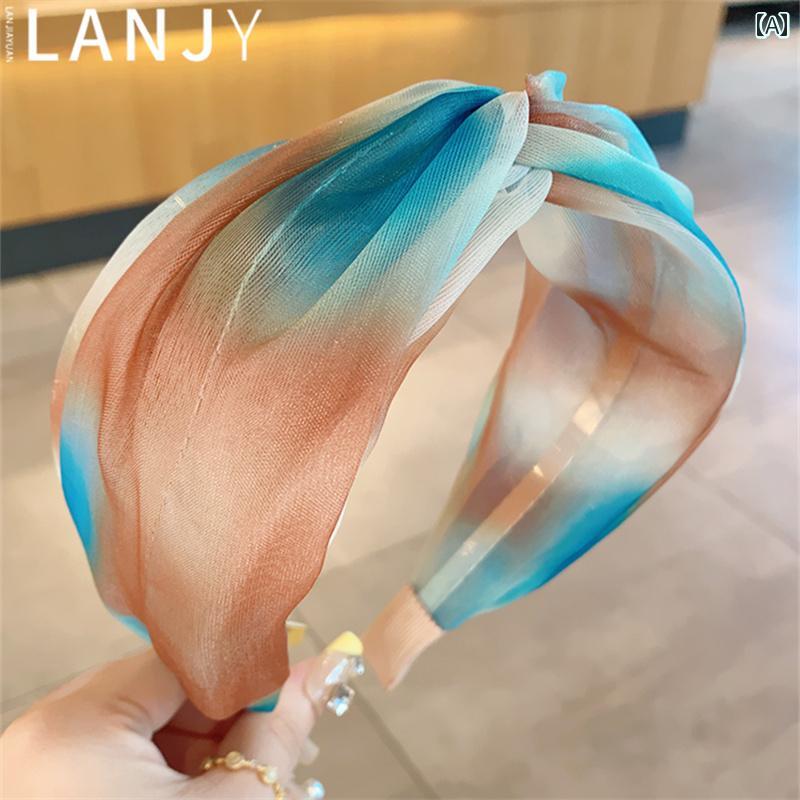 カチューシャ メッシュ ヘアバンド アクセサリー 韓国 クロス ワイド 絞り染め オーガンジー レトロ ブルー おしゃれ かわいい デート イベント パーティー セレモニー 快適