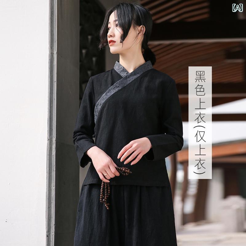 綿麻 漢服 厚地の外套 茶芸 作務衣 唐服 レディース 瀬戸もの風 自然的 秋服 茶師服 思い入れる服  工芸 黒いこと その他-レディースファッション