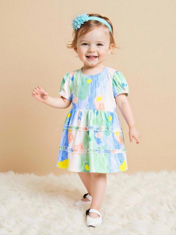 ワンピース キッズ 女の子 ベビー 赤ちゃん 1歳 2歳 3歳 コットン 綿素材 柔らかい 肌触り 半袖 春夏 水墨画 韓国風 プリーツスカート かわいい プリンセスドレス お出かけ 普段着 80 90 100 サイズ
