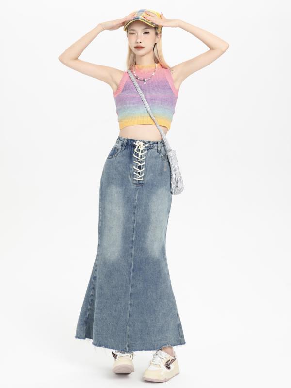デニム スカート レディース 韓国 ハイウエスト スリット エッジ デニム フィッシュテール スカート ガール スリミング ヒップ ミモレ丈 Aライン ウォッシュ加工 レディース カジュアル おしゃれ