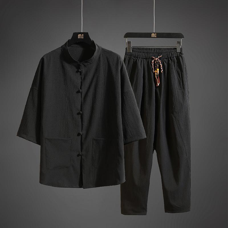 シャツ メンズ 中華風 リネン スーツ レトロ 唐 スーツ ズボン クロス トーク ボタン 半袖 紳士服