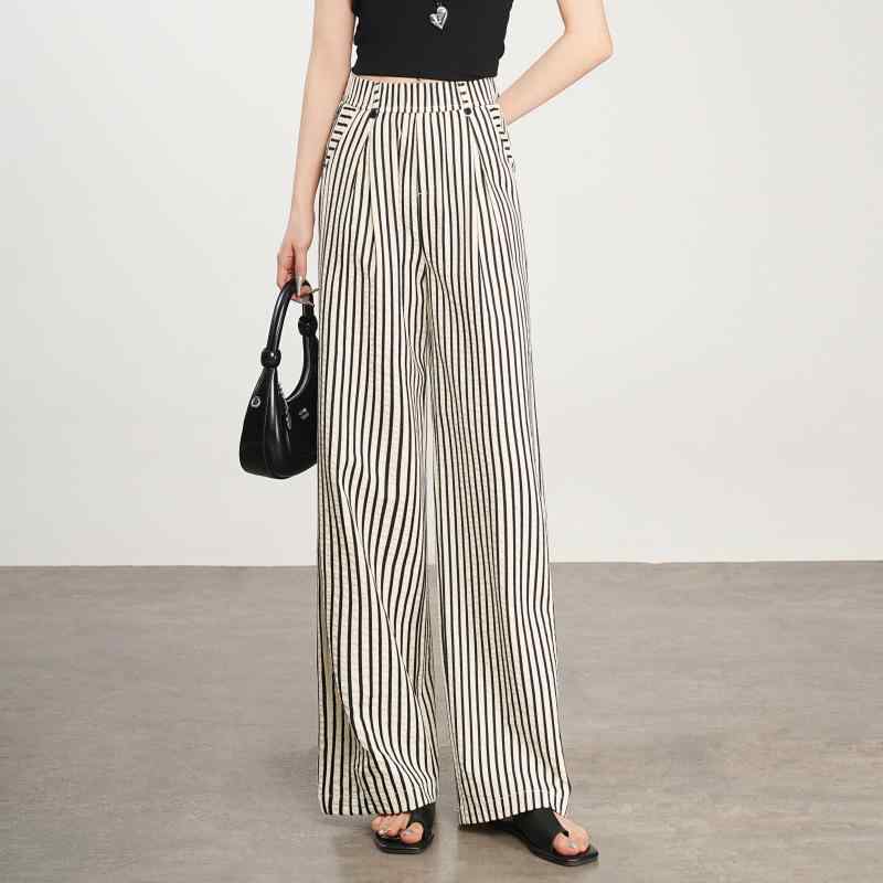 カジュアルパンツ レディース 薄手 ストライプ柄 ハイウエスト スリムストレート ロング丈 高級感 ドレープ感 体型カバー 細見え 脚長効果 きれいめ シンプル コットン 春夏｜セキュアデポ