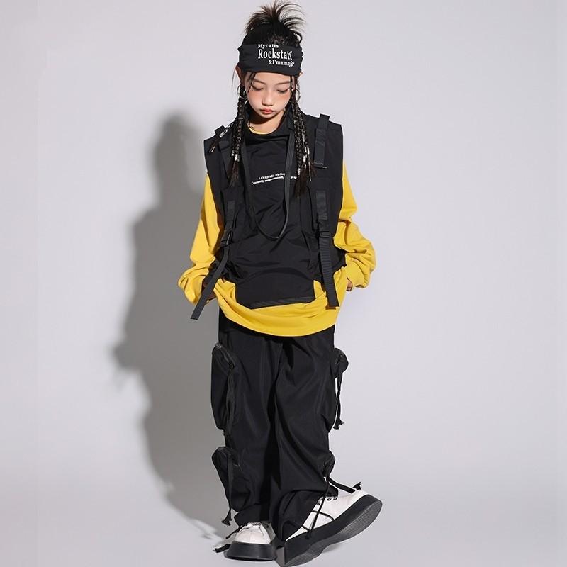 ダンス衣装 セットアップ スウェット ベスト 黄シャツ カーゴパンツ ヒップホップ ジャズダンス ワイドフィット 秋 キッズ 女の子 ボーイズ ストリート 練習着