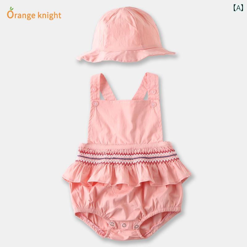ロンパース ベビー 夏服 ジャンプ スーツ かわいい 赤ちゃん 日よけ 帽子 綿 三角 パーカー 女児 用 ベスト サスペンダー