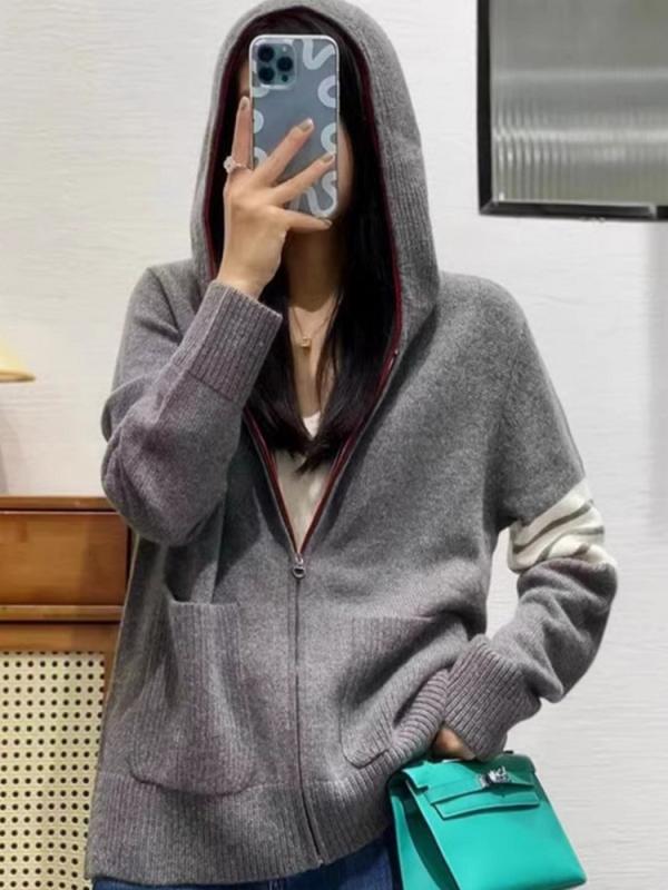トップス ジャケット レディース パーカー ウール フード付き カーディガン 女性用 春秋 カラー ブロック ジッパー ウール ニット