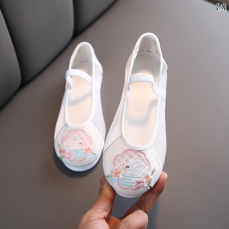 夏 子供靴 かわいい メリージェーン シューズ 通気性 キッズ 韓服 メッシュ 子供 中華風 パフォーマンス 女の子 刺繍 靴 古風 布靴 エスニック サンダル