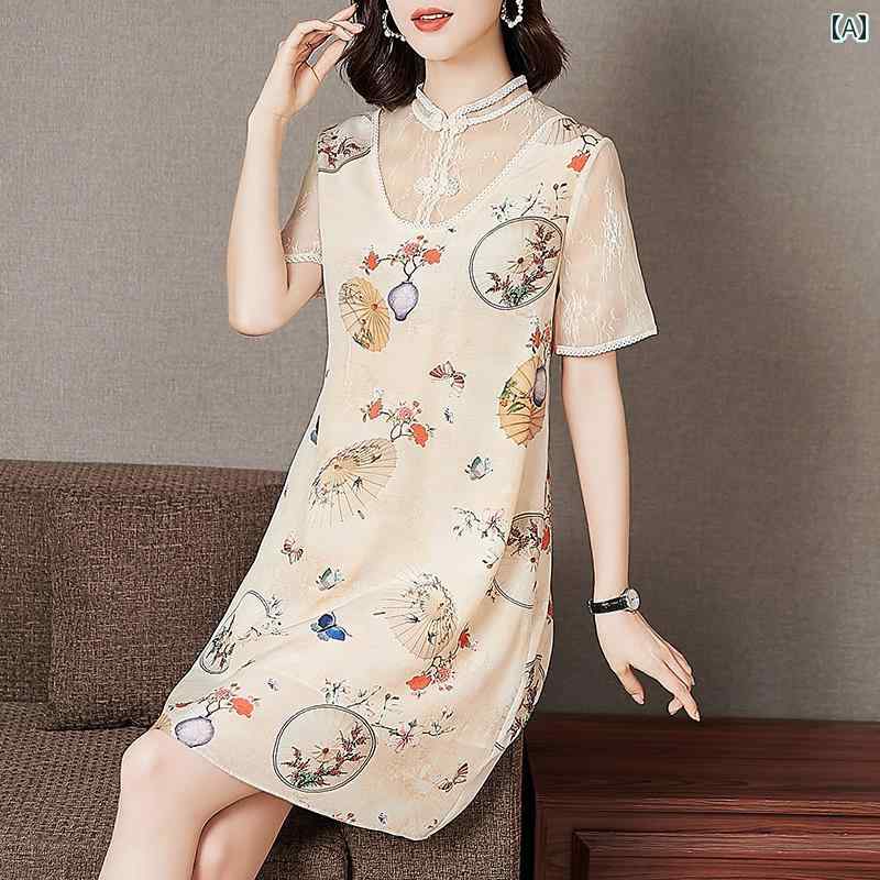 レディース 夏 ワンピース 半袖 きれいめ 上品 マザーズ おしゃれ お母さん お呼ばれ ドレス 婦人服 サマーウェア 桑 中国 レトロ 若々しい チャイナ 中華風