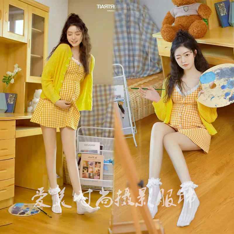 マタニティ おしゃれ 衣装 写真撮影 フォト スタジオ かわいい 屋内 さわやか ホーム キャミワンピ スカート イエロー セットアップ