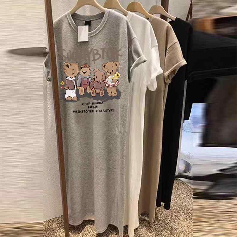 Tシャツ レディース ロング ワンピース ドレス 夏 カジュアル スリム コットン 大きめサイズ プリント 半袖 ゆったり プルオーバー|セキュアデポ