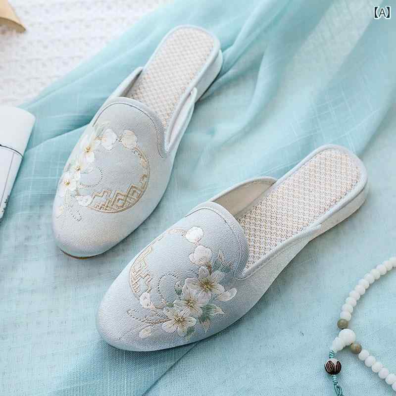 レディース 夏 ミュール フラット おしゃれ 婦人靴 スリッパ 履きやすい 古風 布靴 女性 エスニック 刺繍 靴 包頭 繊細 個性的 ローヒール サンダル