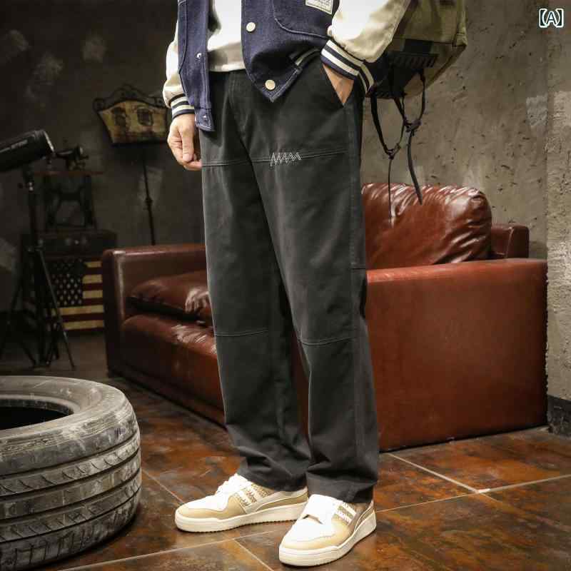 メンズ ロングパンツ 長ズボン アメリカン カジュアル レトロ 秋 ゆったり ストレートフィット ワイドレッグ ややストレッチ性 綿 コットン レジャー ステッチ ワーク 作業 ノーアイロン 大きめサイズ アーミーグリーン カーキ ブラック メンズ リラックス