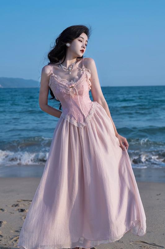レディース 婦人服 ワンピース ドレス キャミソール レトロ フリル シフォン レース 夏 ネックレス セット