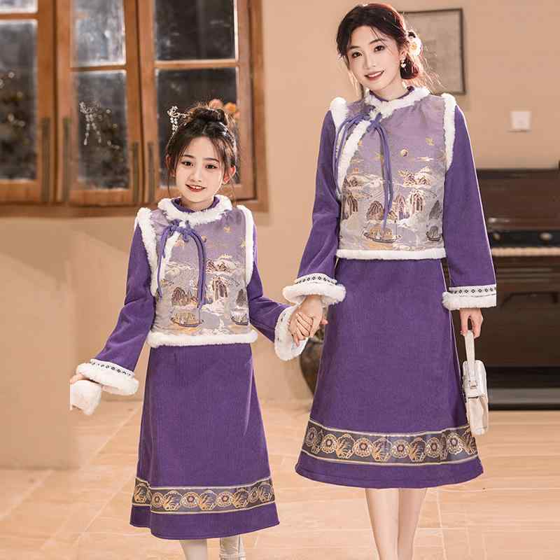 中国伝統衣装 セット キッズ 女の子 ジュニア 裏起毛チャイナドレス 金糸ベスト 2点セット 漢服 唐装 民族衣装 ネオチャイニーズ 厚手 暖かい 春秋冬 お正月 お祝い イベント パーティー 衣装