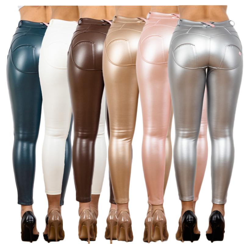 パンツ レディース ヒップアップ シェイプアップ PUレザー スキニー タイトフィット ミドルウエスト メタリックカラー ストレッチ 無地 白 ゴールド シルバー ピンク セクシー