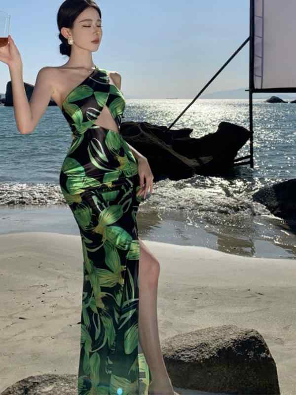 リゾート ファッション 旅行 服 魅惑 タイ プリント オフショルダー オフ ウエスト ハイスリット リゾート ロング ドレス ワンピース