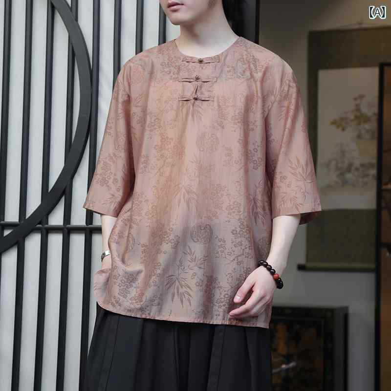 メンズ T シャツ トップス 中華風 極薄 冷感 大きいサイズ ラウンドネックプ レート ボタン 唐 スーツ 男性用