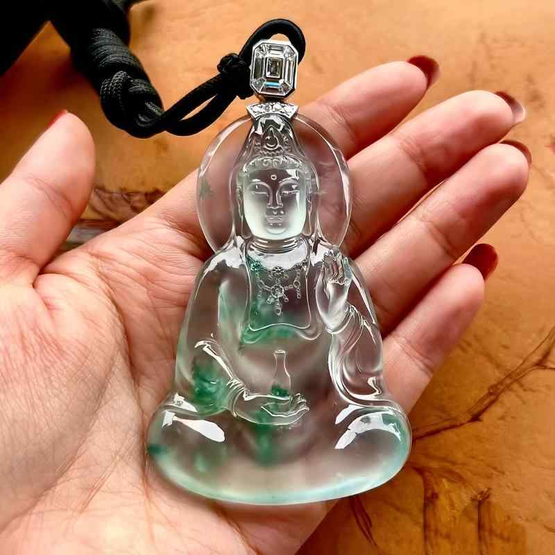 ネックレス メンズ 男性用 透明感のある氷種翡翠 ペンダント ミャンマー産玉石 観音様 菩薩様 水草模様 グリーンマーブル 開運 お守り 誕生日プレゼント