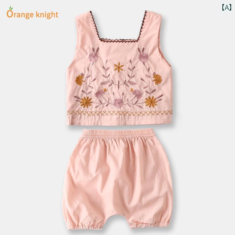 パンツ ベビー 服 幼児 ネット 夏 薄手 ガーゼ スーツ 女児 赤ちゃん 刺繍入り 綿服 ツーピース セット