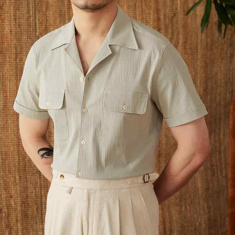 シャツ トップス メンズ おしゃれ ファッション 紳士 キューバンカラー 夏 薄手 スリム カジュアル ワークシャツ 半袖 シンプル コットン 大きめサイズ