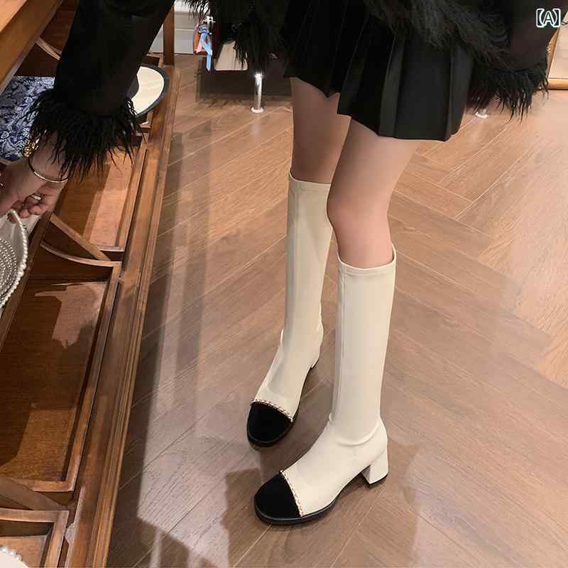 レディース ロングブーツ タイトフィット シンプル おしゃれ スタイルアップ オフ ホワイト ハイヒール ナイト ブーツ 高弾性 小柄の方 女性用