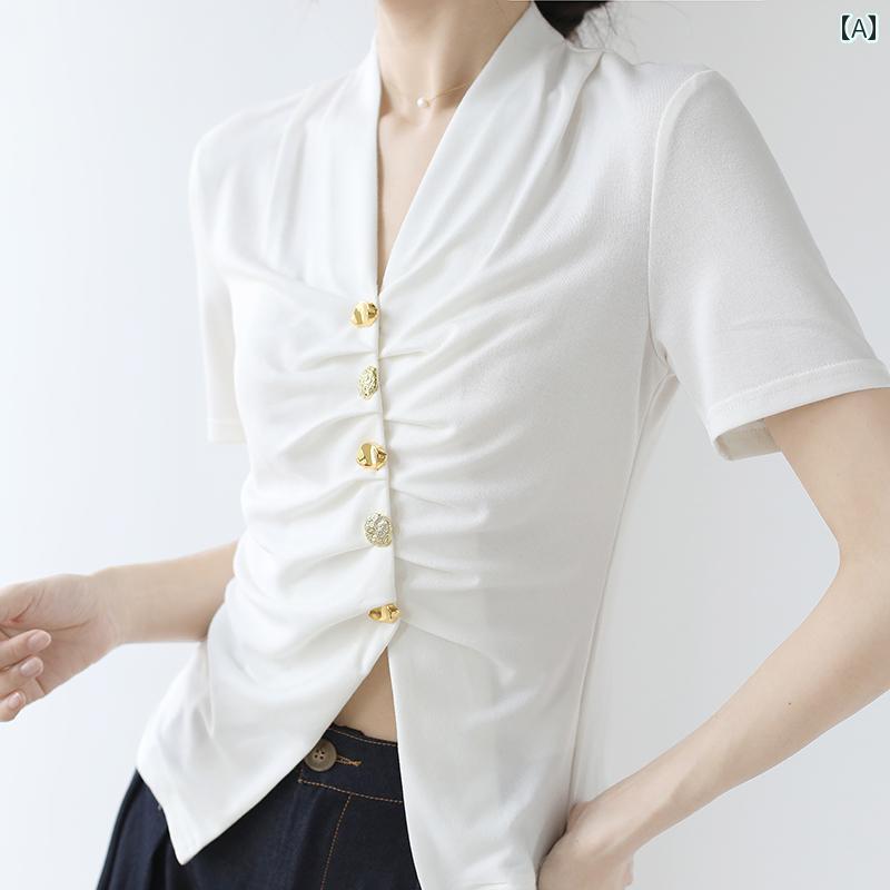 シャツ トップス レディース フレンチ 不規則 Vネック 夏 スリムフィット スタイリッシュ スリット スリム ストレッチ Tシャツ