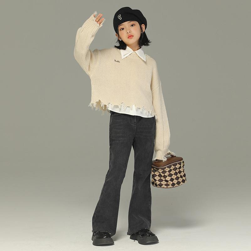 パンツ ズボン ボトムス おしゃれ ファッション 女の子 春秋 子供 ジーンズ ストレッチ ベルボトム 黒 ブラック 女の子 カジュアル ロング キッズ