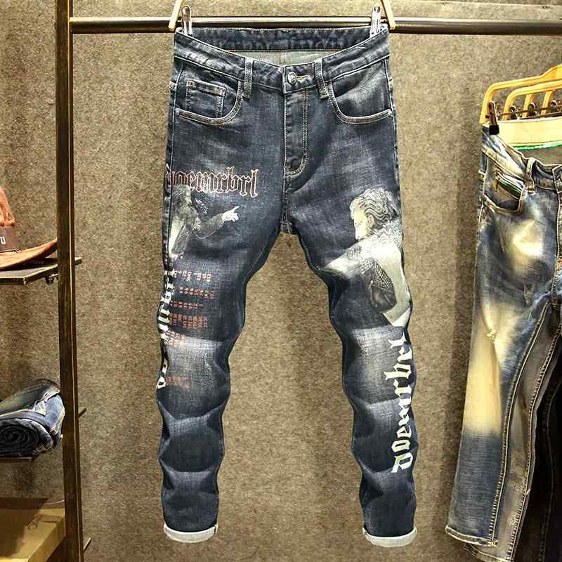 メンズ デニム おしゃれ Gパン カジュアル 春秋 ジーンズ ストレッチ スリムフィット パンツ ファッション プリント パンツ