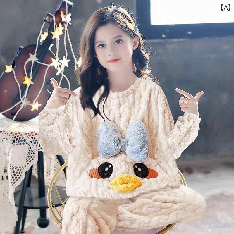 キッズ パジャマ ルームウェア 子供服 秋冬 女性用 コーラル ベルベット スタイル 裏起毛 厚手 暖かい フランネル かわいい ホームウェア セット