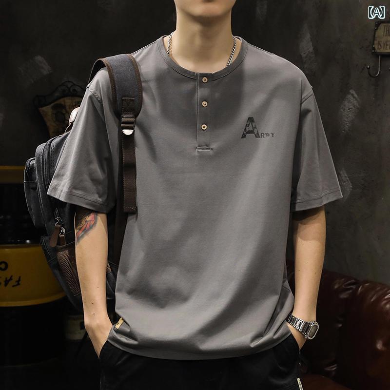 トップス シャツ Tシャツ メンズ アメリカン ストリート カジュアル ゆったり ヘビーウェイト ヘンリー カラー 半袖 男性用 夏 プリント 綿 半袖 6,330円